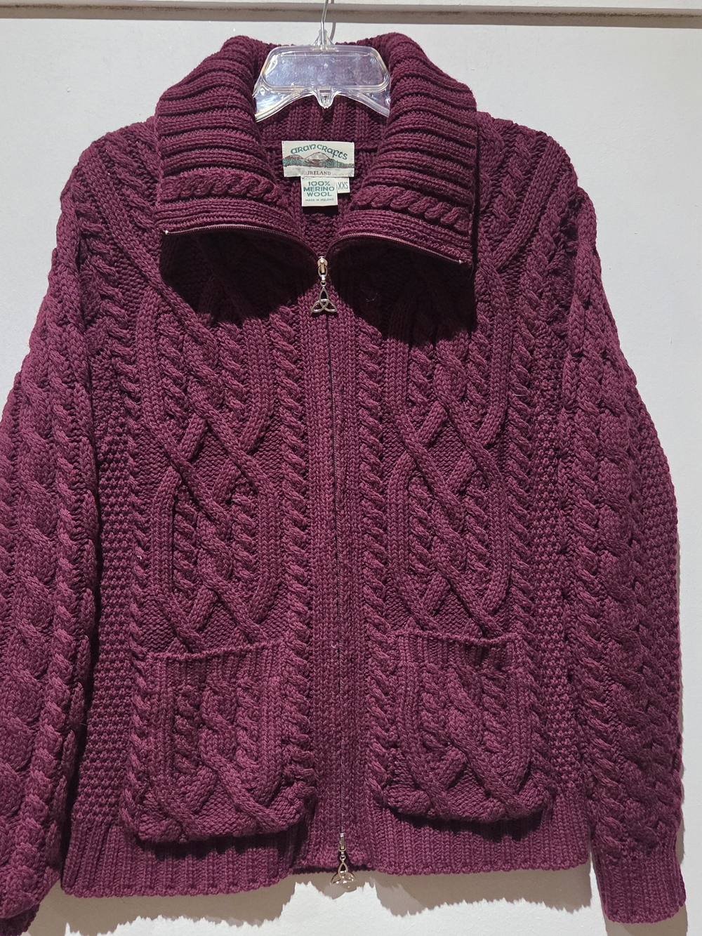 Aran Crafts Cable-Knit Zip Cardigan Sweater Merino Wool